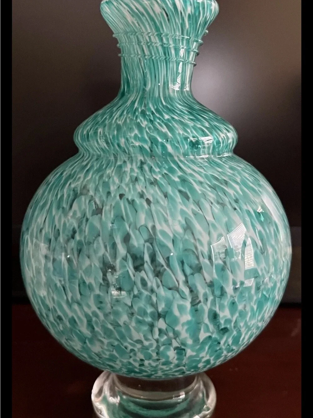 Vintage Pier 1 Art Glass Vase - Turquoise & White Swirl Confetti Spatter 10”